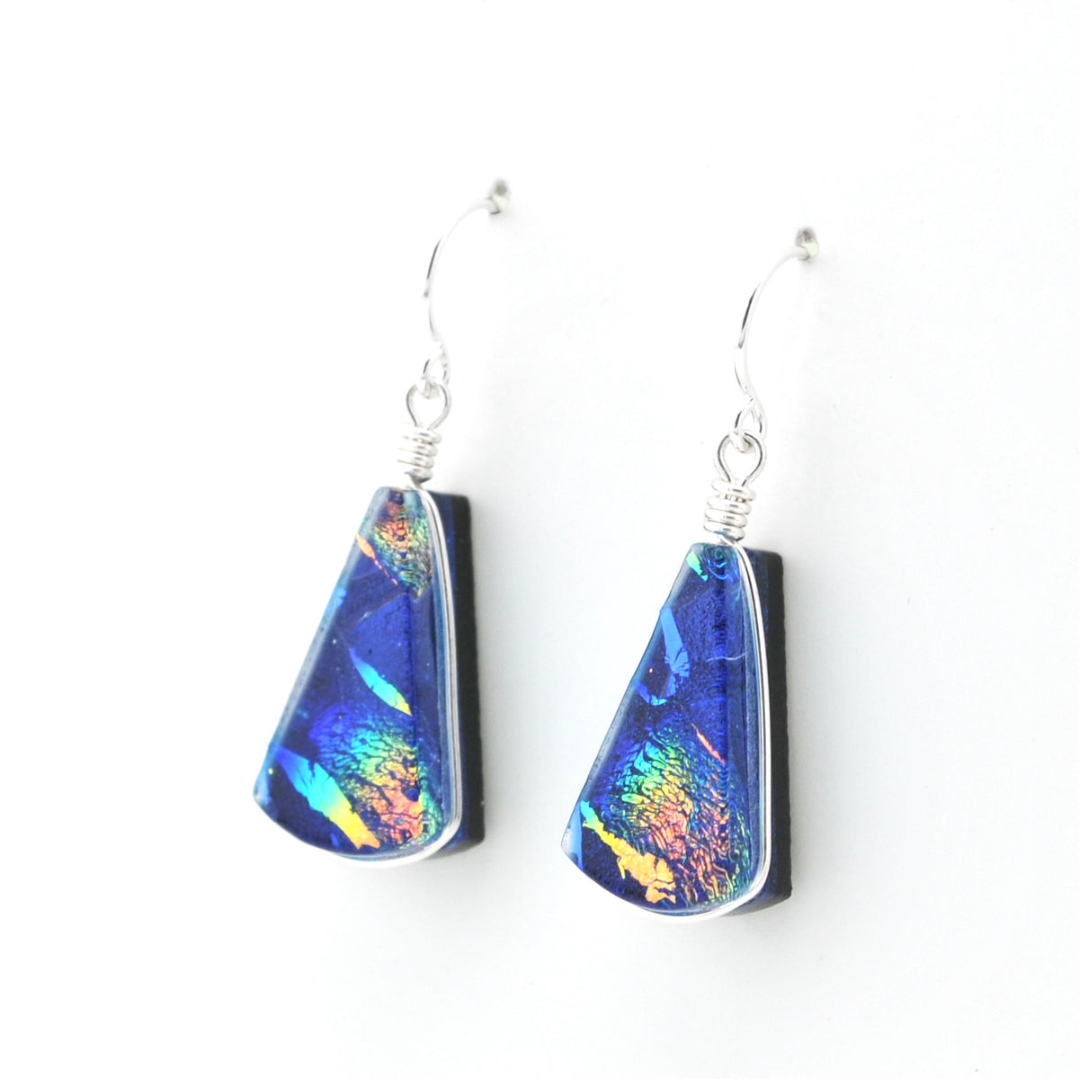 Side Silver Dichroic Glass Blue Rainbow Fan Dangle Earrings