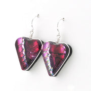 Side Silver Dichroic Glass Cranberry Red Heart Earrings