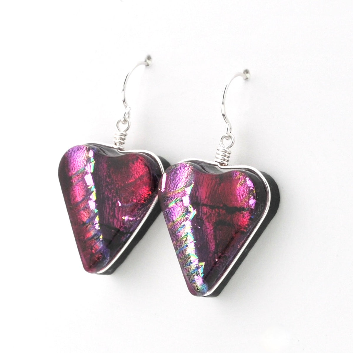 Side Silver Dichroic Glass Cranberry Red Heart Earrings