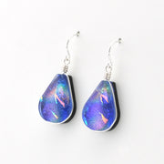 Silver Dichroic Glass Purple Rainbow Lotus Dangle Earrings on white background.
