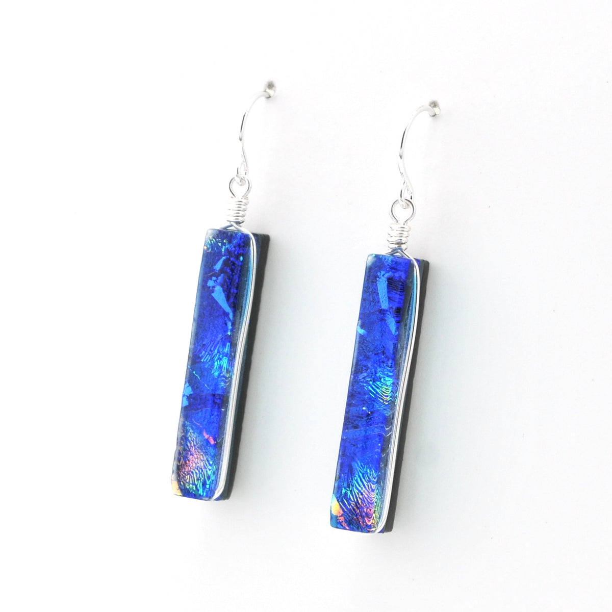 Side Silver Dichroic Glass Rainbow Blue Rectangle Earrings
