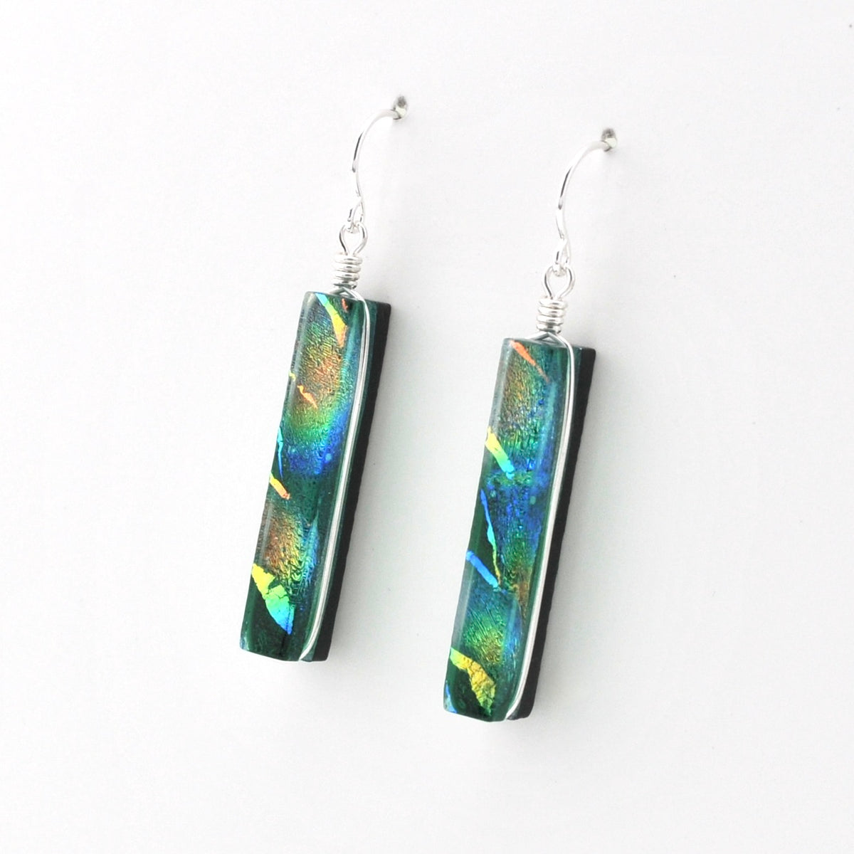 Side Silver Dichroic Glass Rainbow Green Rectangle Earrings