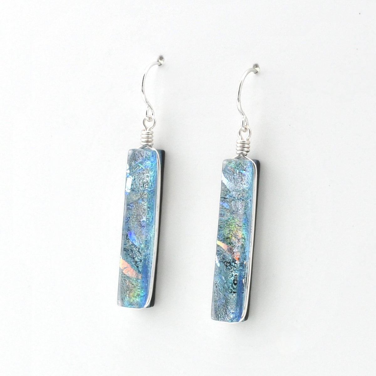 Side Silver Dichroic Glass Silver Rectangular Earrings
