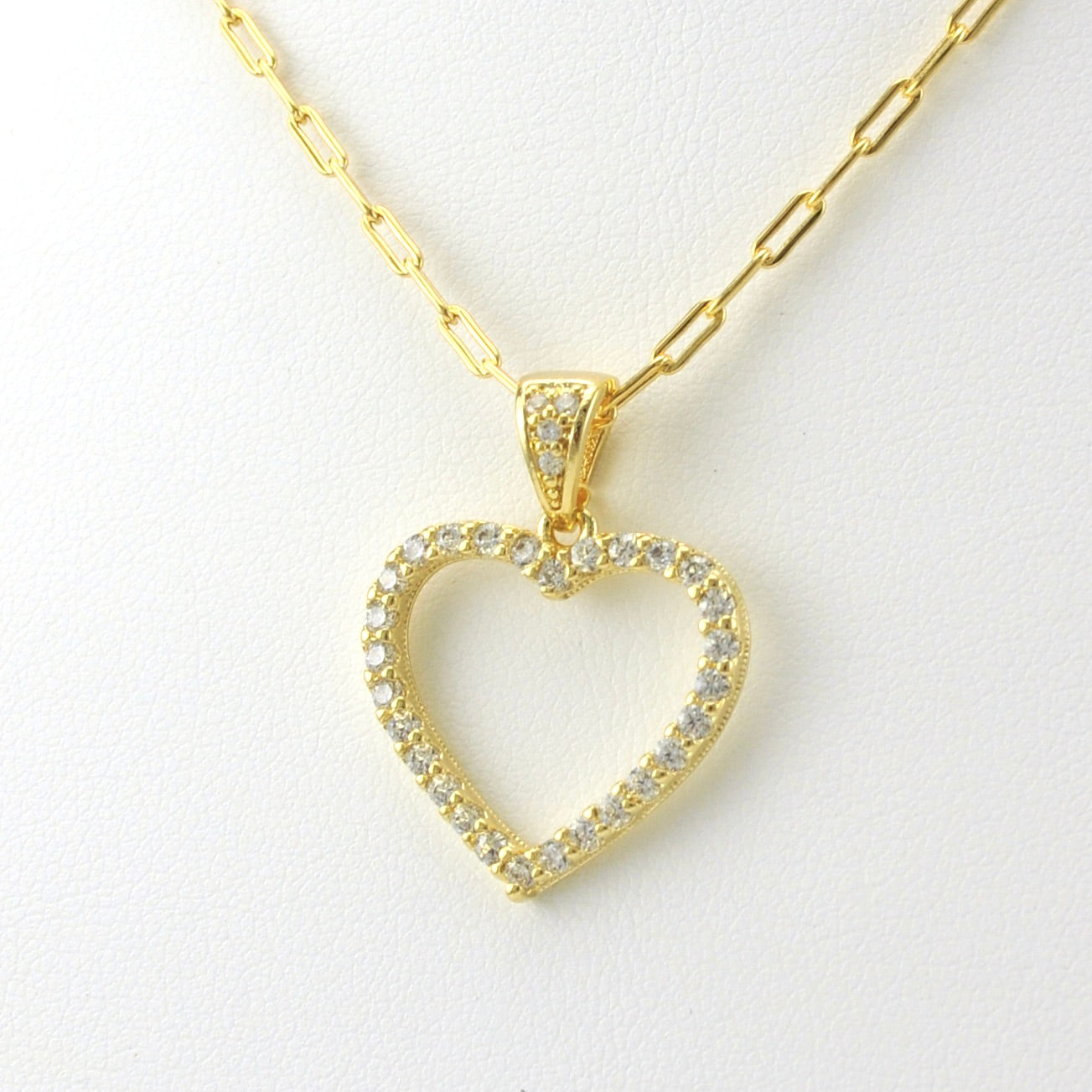 Side View 18k Gold Fill Cubic Zirconia Heart on Paperclip Necklace