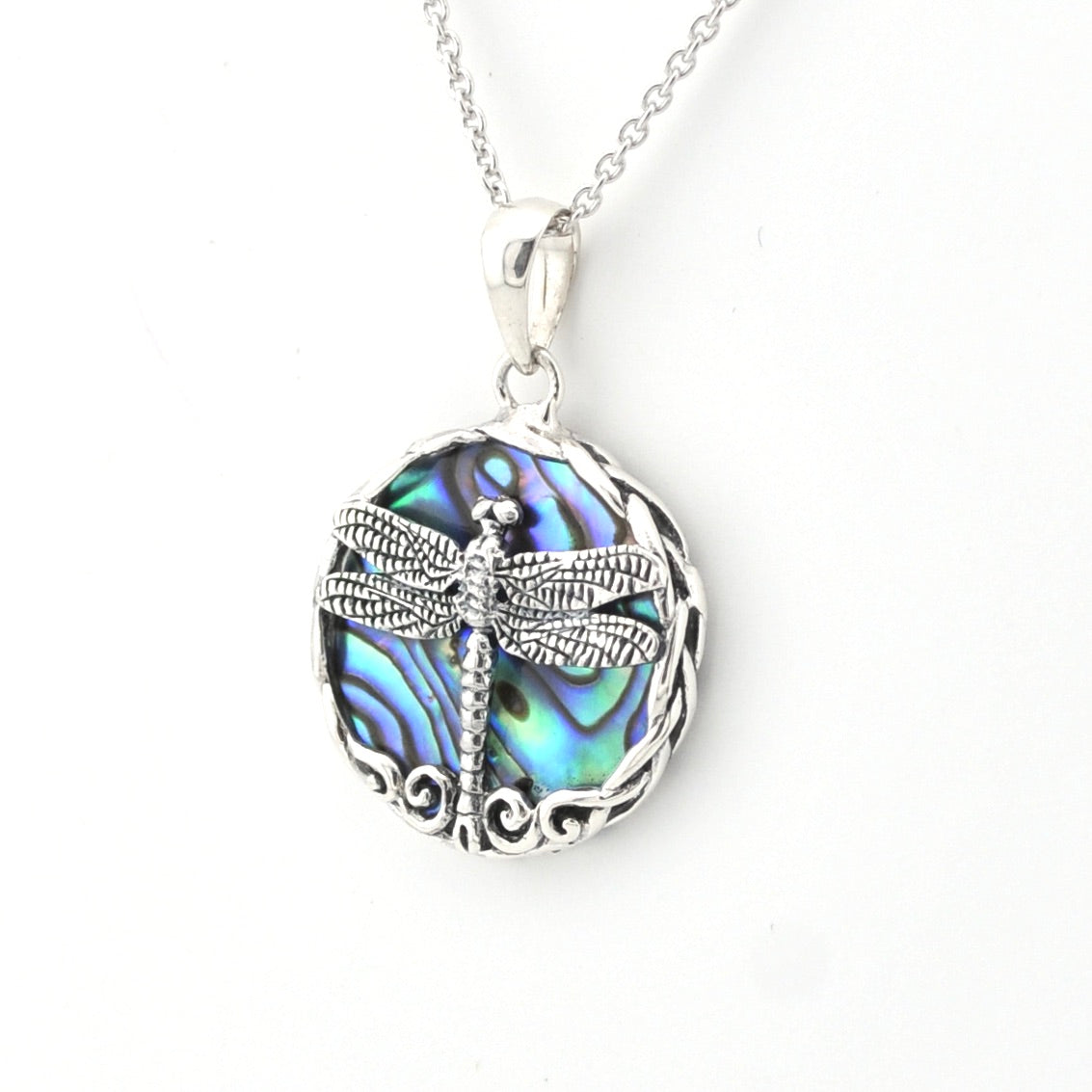 Side View Abalone Dragonfly Round Necklace