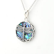 Side View Abalone Dragonfly Round Necklace