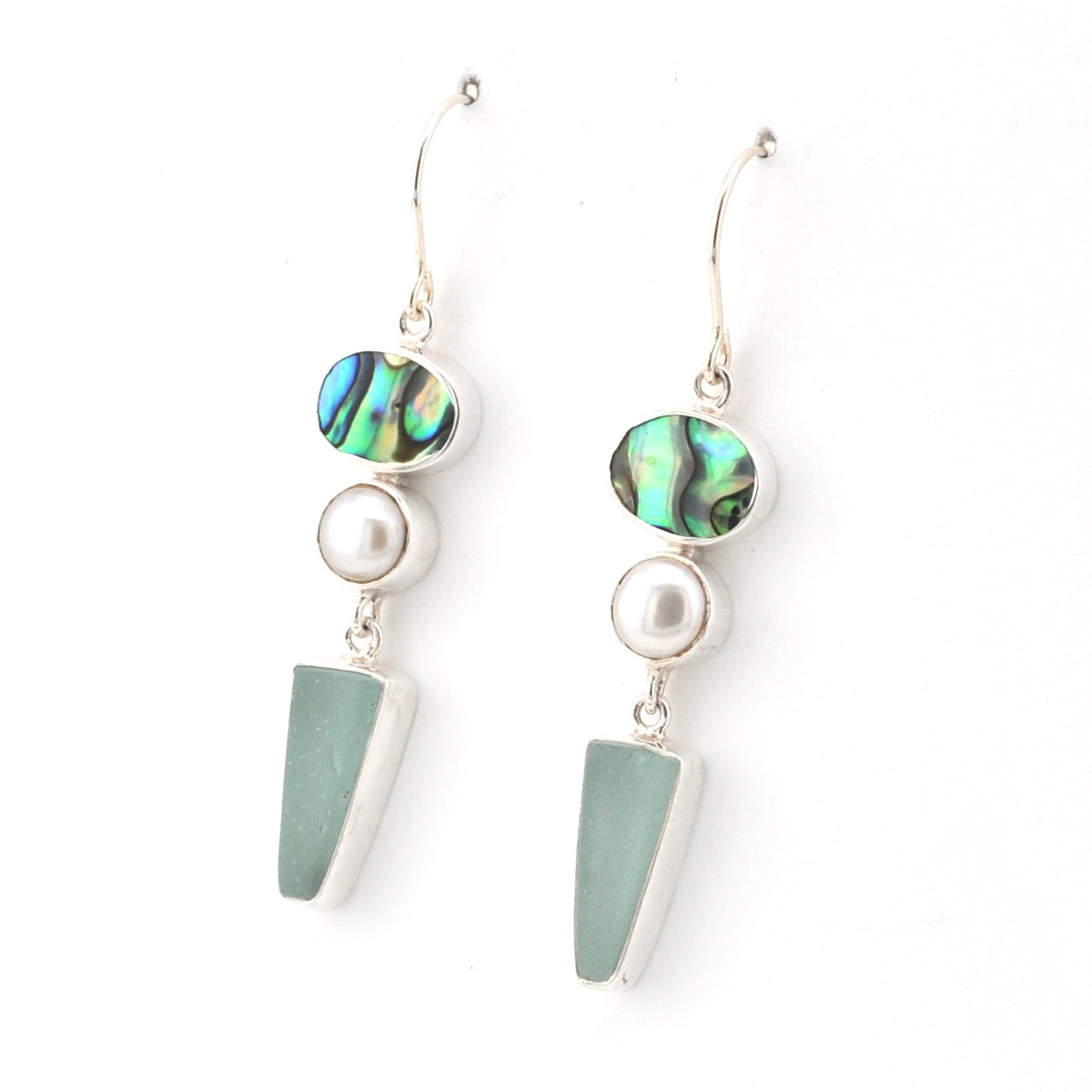 Side View Abalone Pearl Aqua Sea Glass Earrings