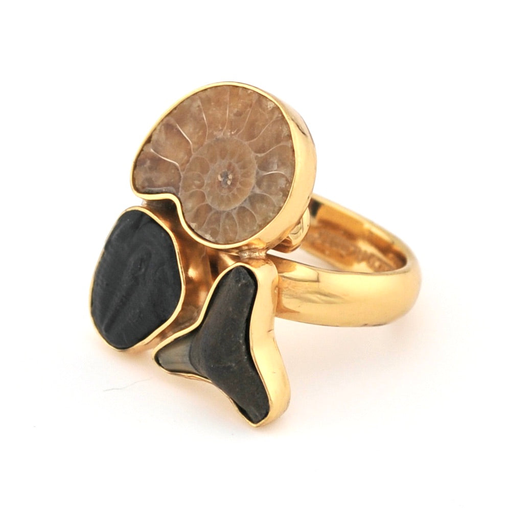 Gold ring with a fossilized ammonite and black stone on a white background