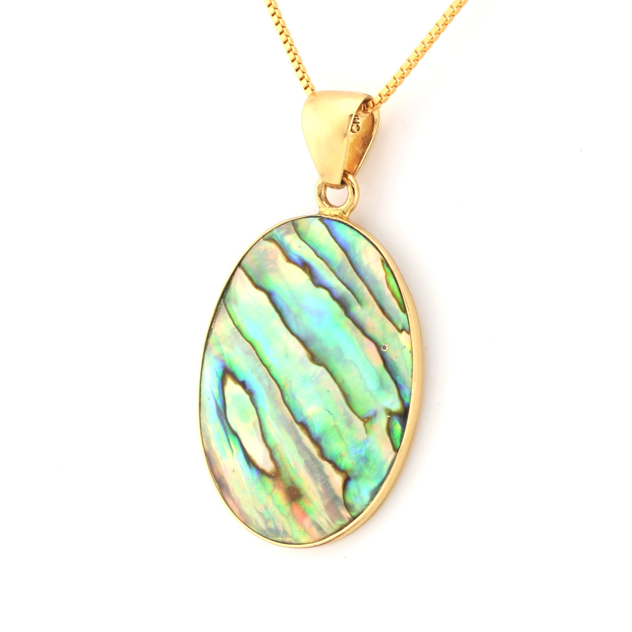 Gold pendant with a colorful stone on a white background