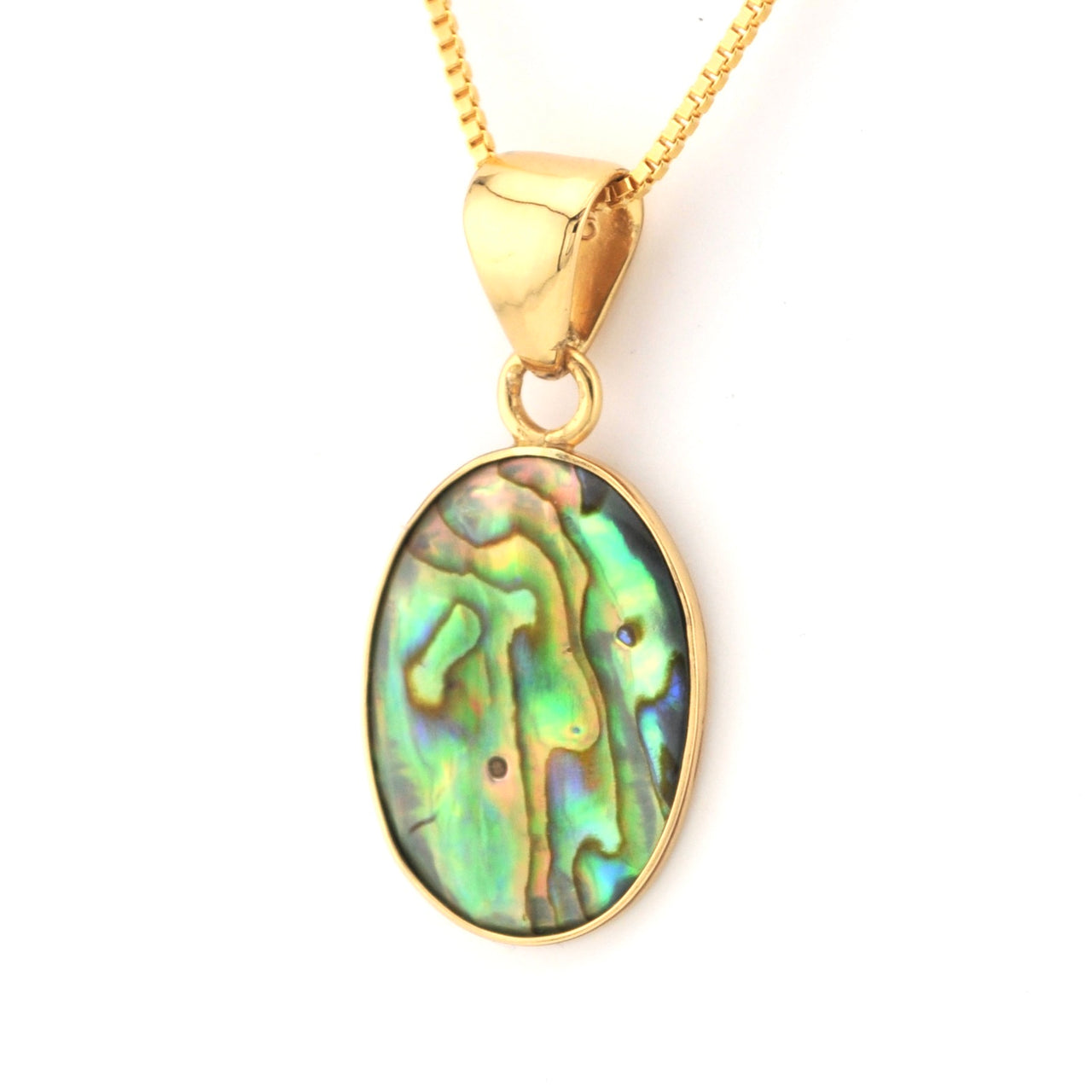 Gold pendant with a colorful stone on a white background