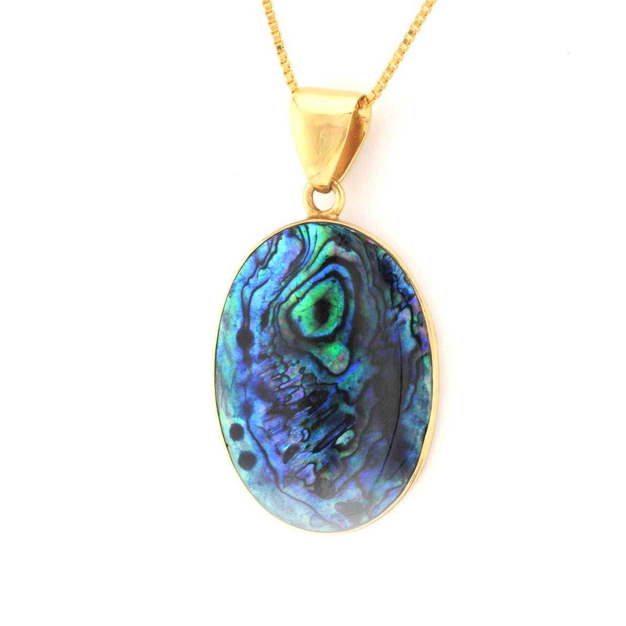 Gold pendant with a colorful abalone shell on a white background