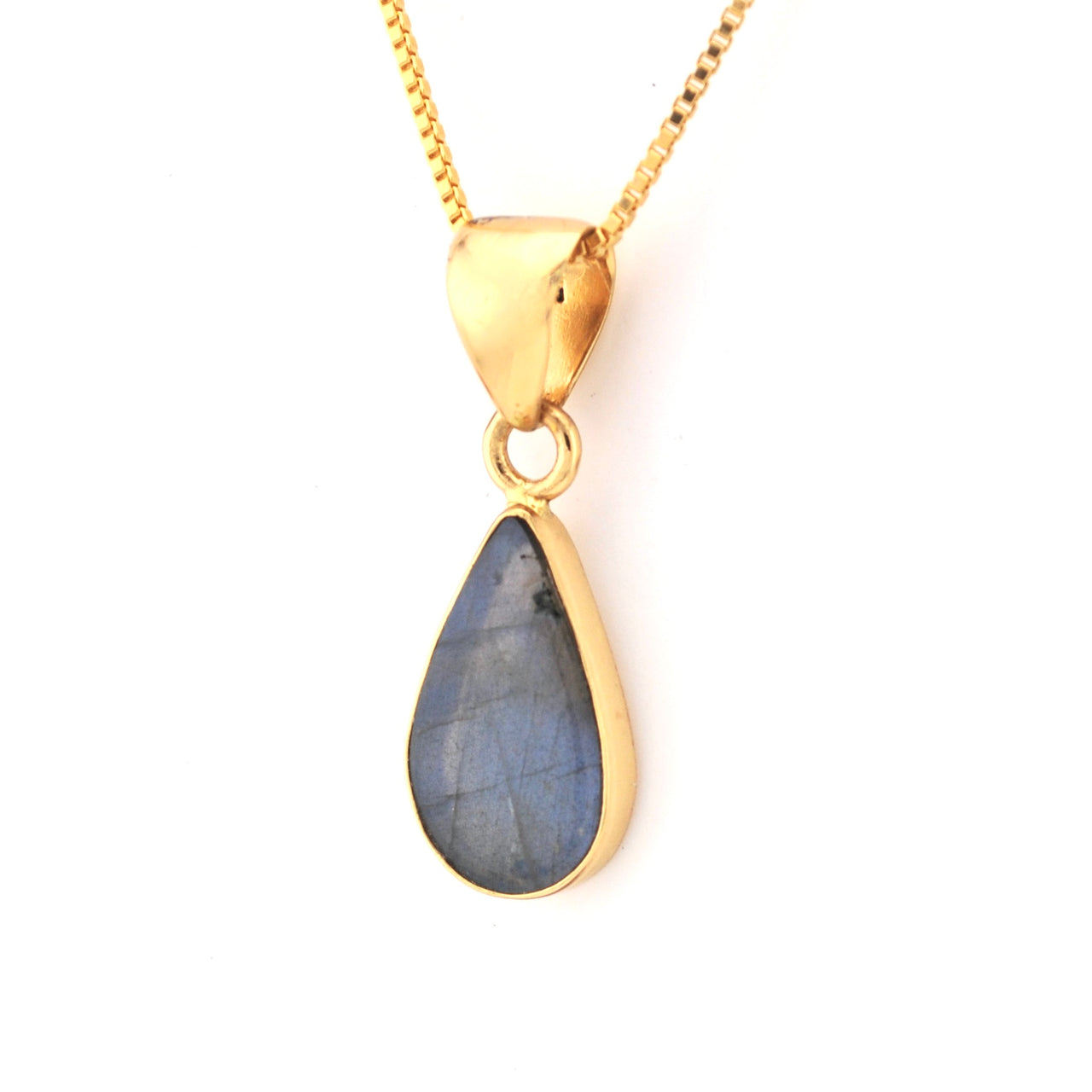 Gold necklace with a teardrop-shaped labradorite pendant on a white background