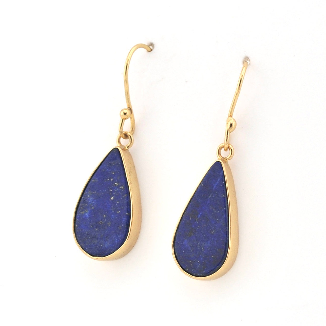 Teardrop-shaped blue earrings with gold hooks on a white background