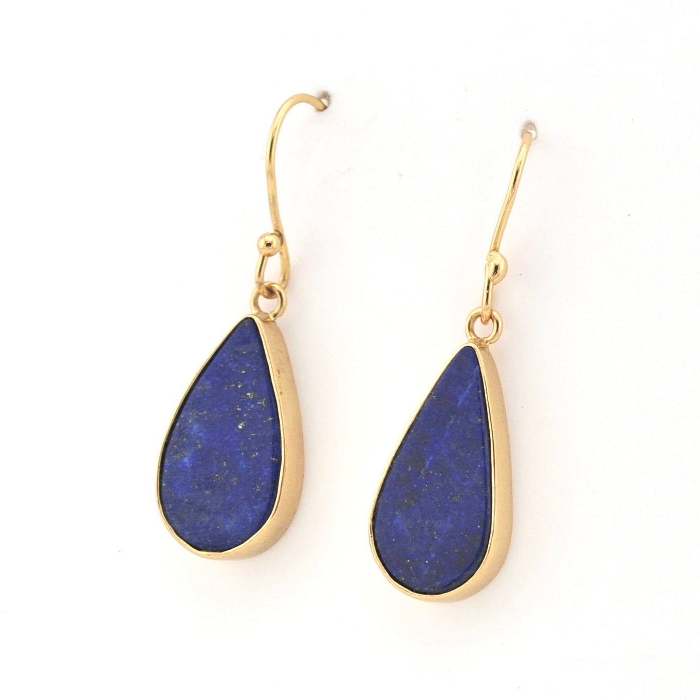 Teardrop-shaped blue earrings with gold hooks on a white background