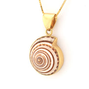 Gold pendant with a shell design on a white background