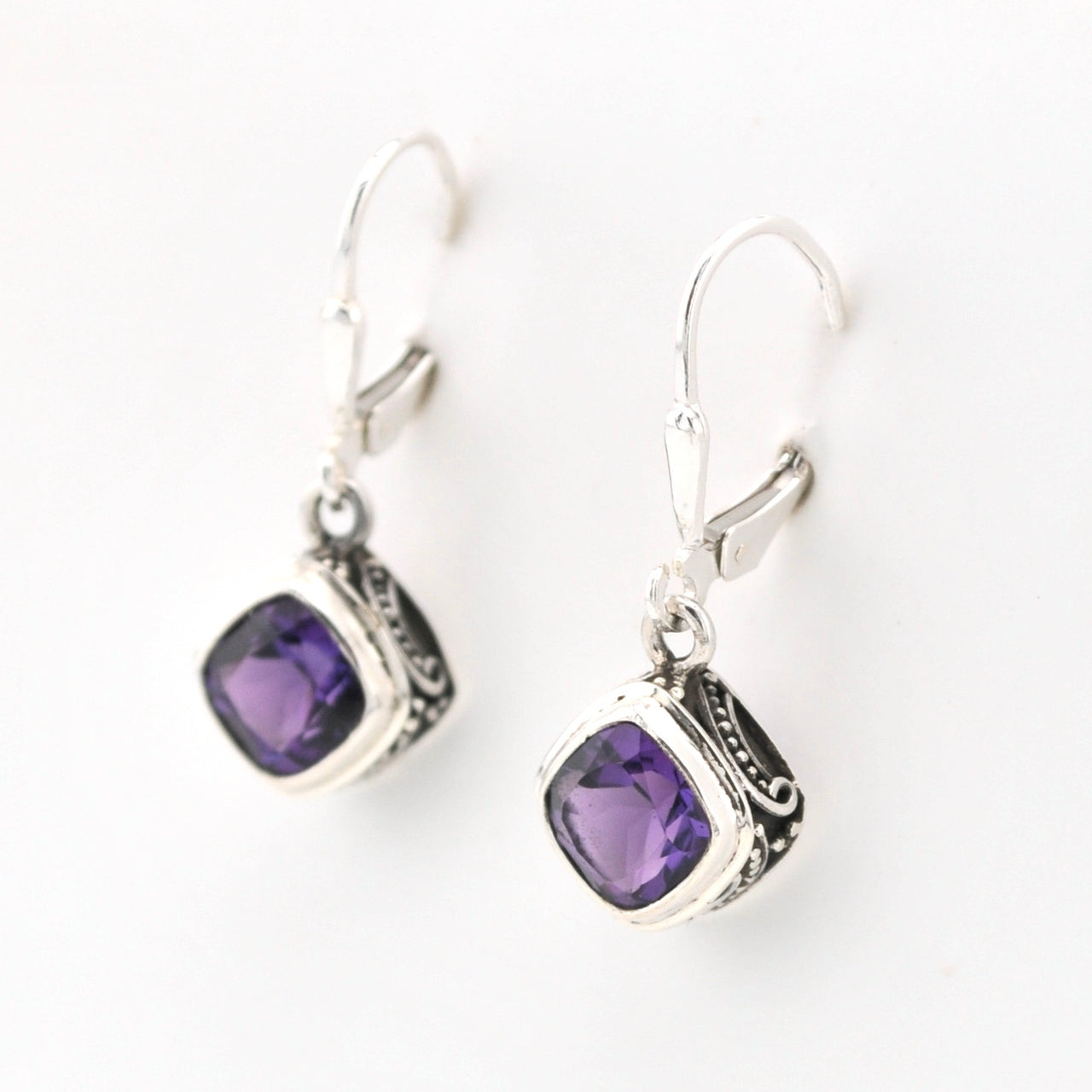 Side View Amethyst 7mm Offset Square Bali Dangle Earrings
