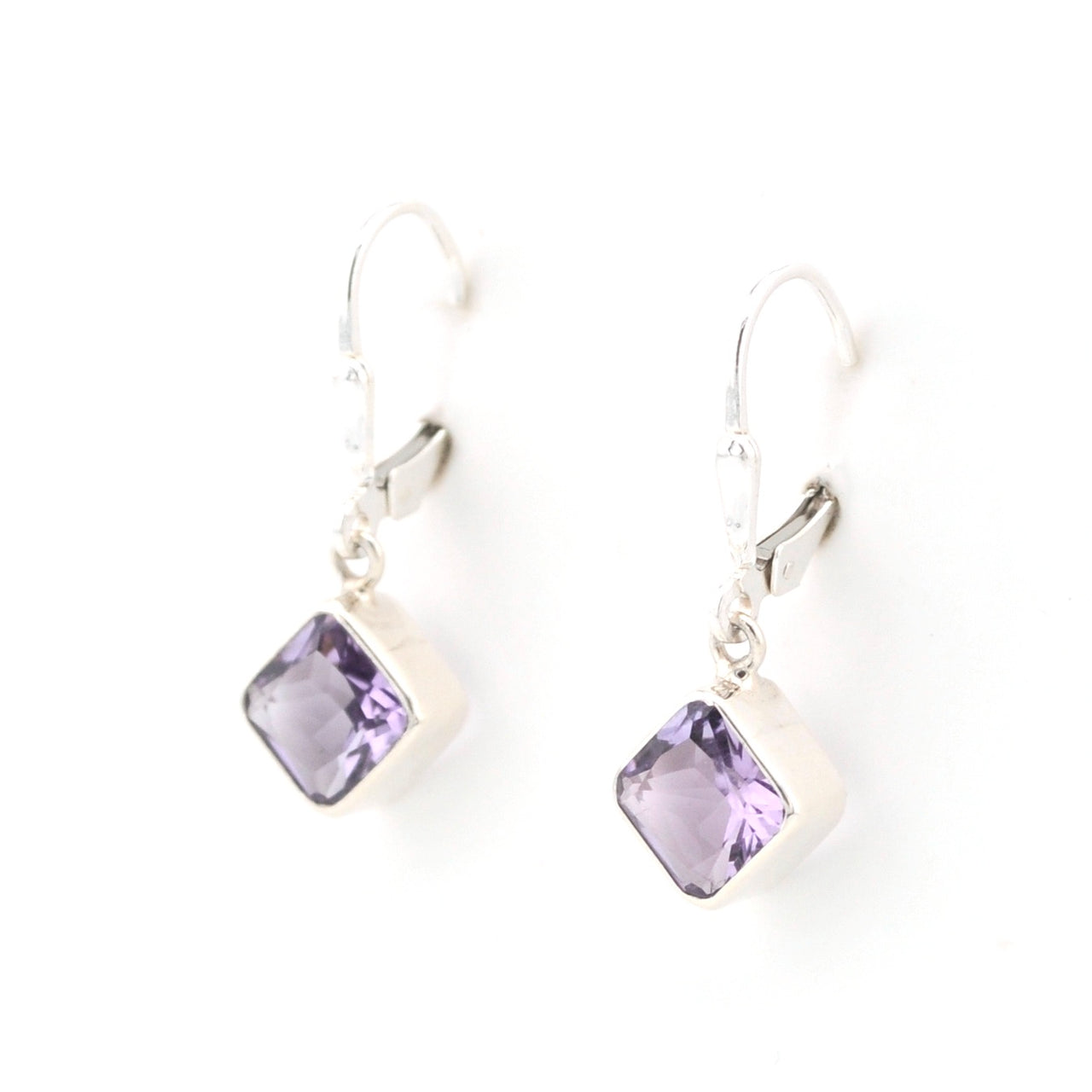 Side View Amethyst 7mm Offset Square Dangle Earrings Lilac