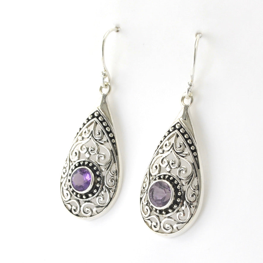 Side View Amethyst Tear Bali Earrings