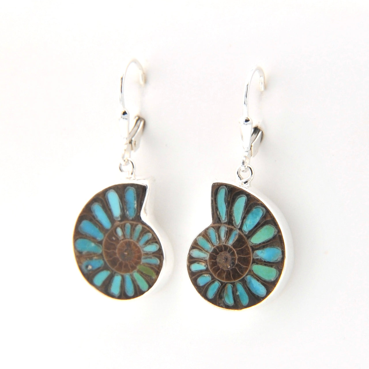 Pair of earrings with blue and brown circular designs on a white background