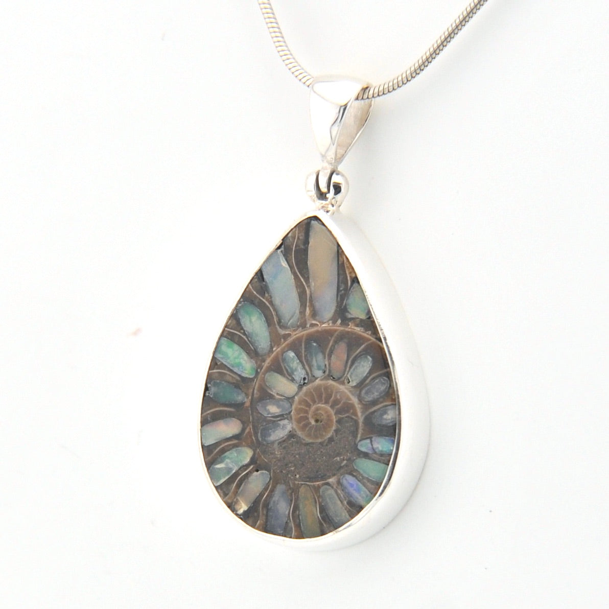 Teardrop-shaped fossil pendant on a white background