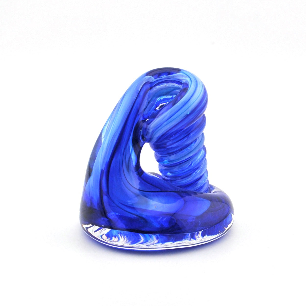 Blue glass sculpture on a white background