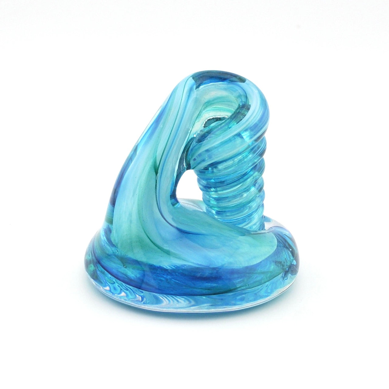 Blue glass sculpture on a white background