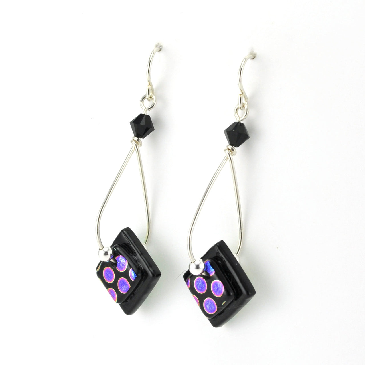 Black and purple beaded earrings on a white background