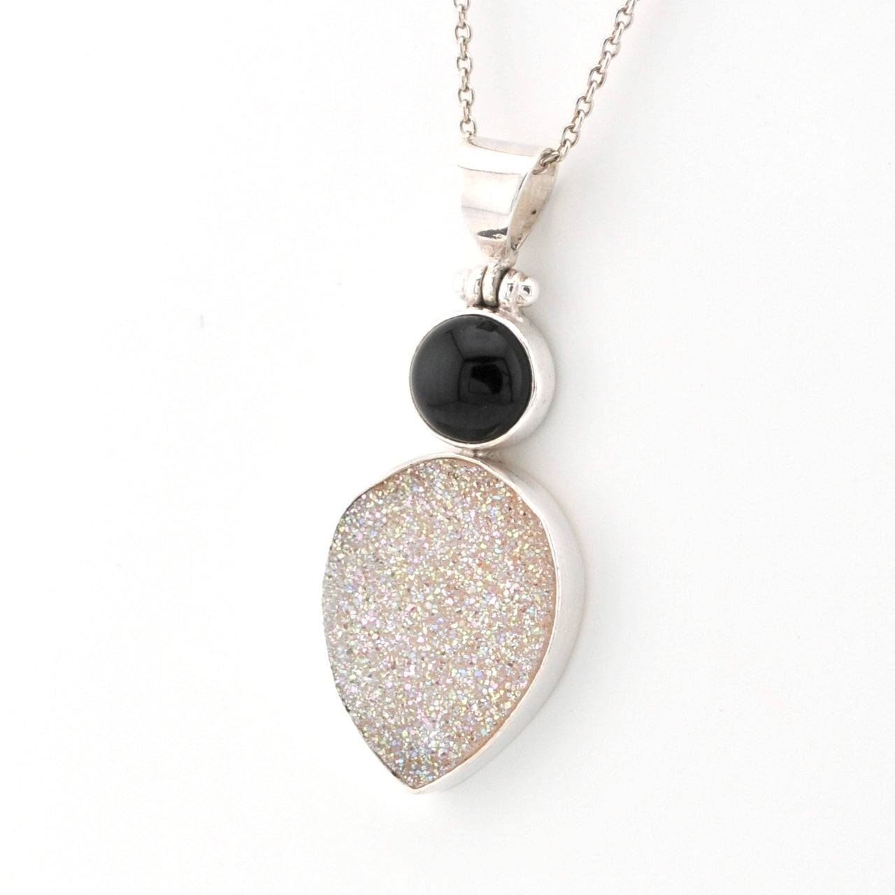 Side View Black Onyx Druzy Agate Necklace