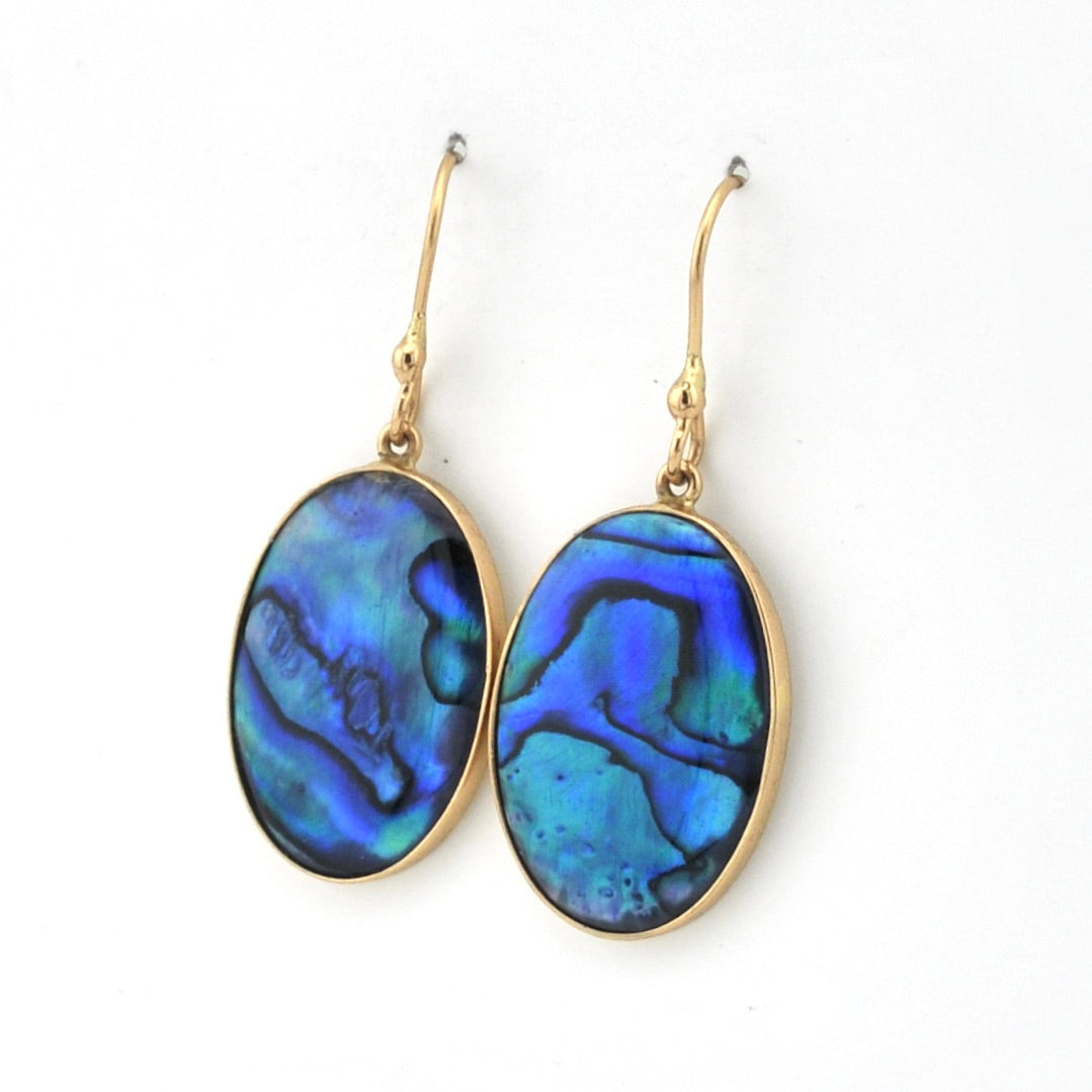 Side View Blue Abalone Oval Dangle Earrings