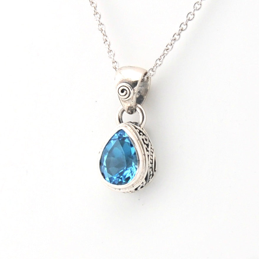 Side View Blue Topaz 7x9mm Tear Bali Necklace