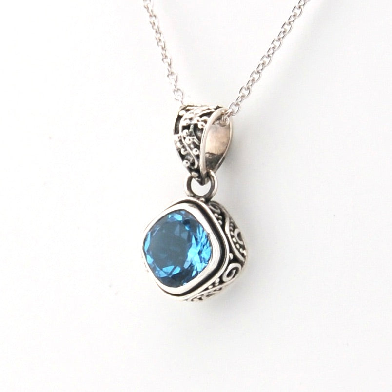 Side View Blue Topaz 8mm Offset Square Bali Necklace