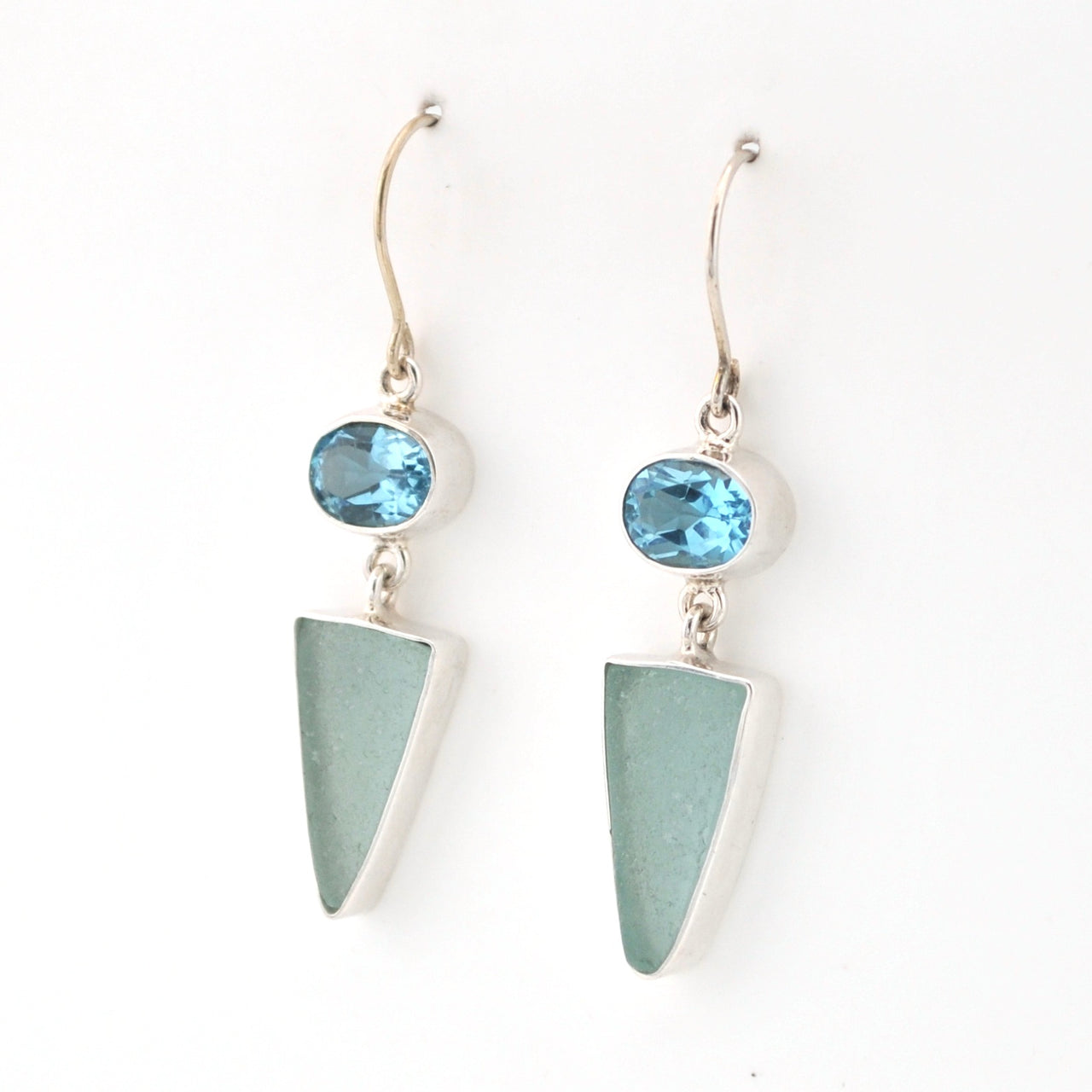 Side View Blue Topaz Aqua Sea Glass Dangle Earrings