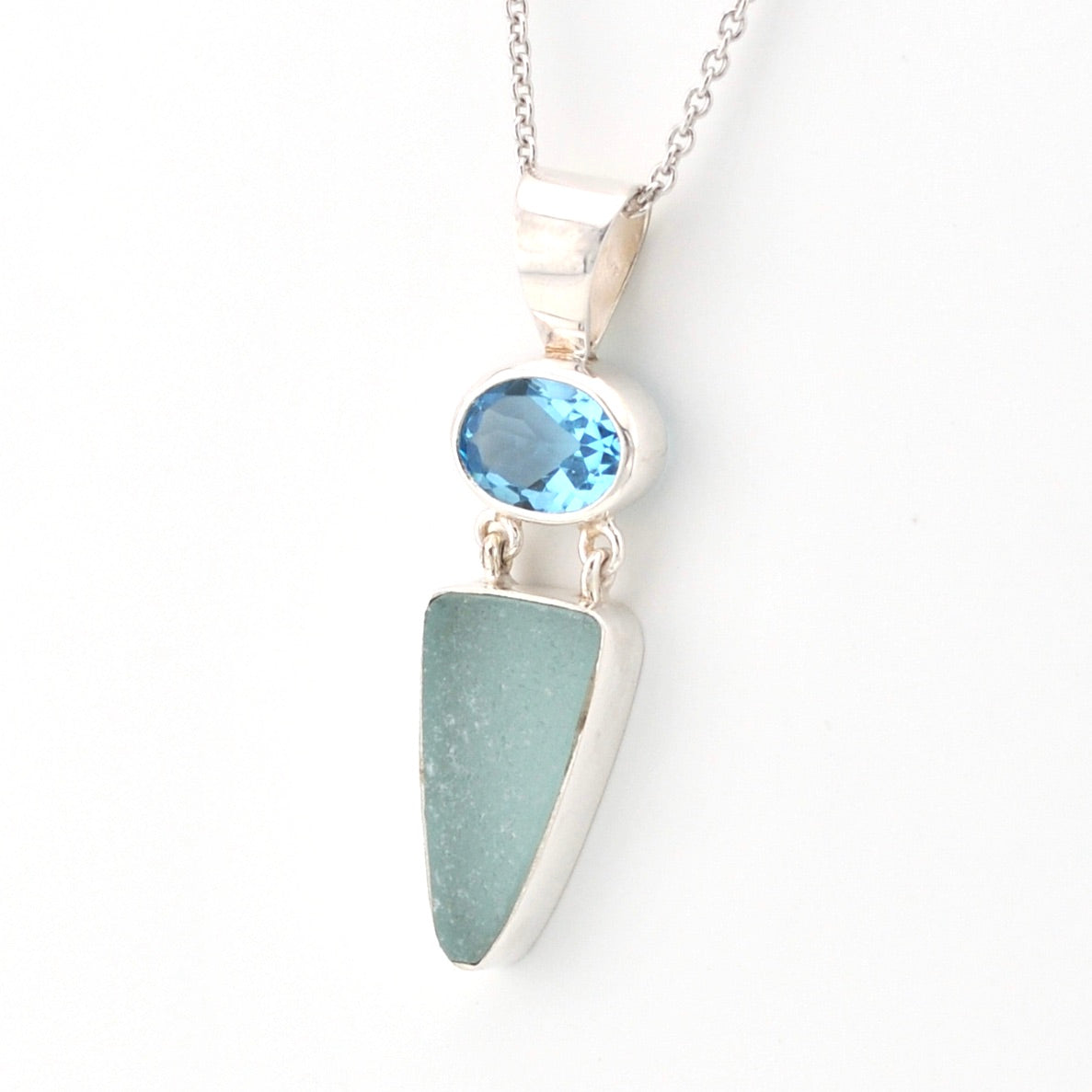 Side View Blue Topaz Aqua Sea Glass Necklace