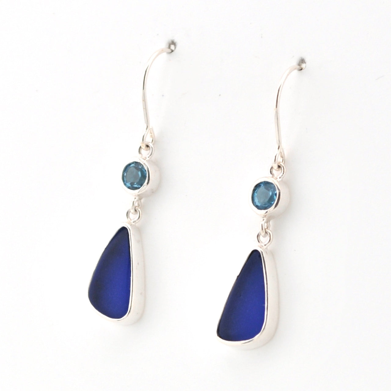 Side View Blue Topaz Cobalt Sea Glass Earrings