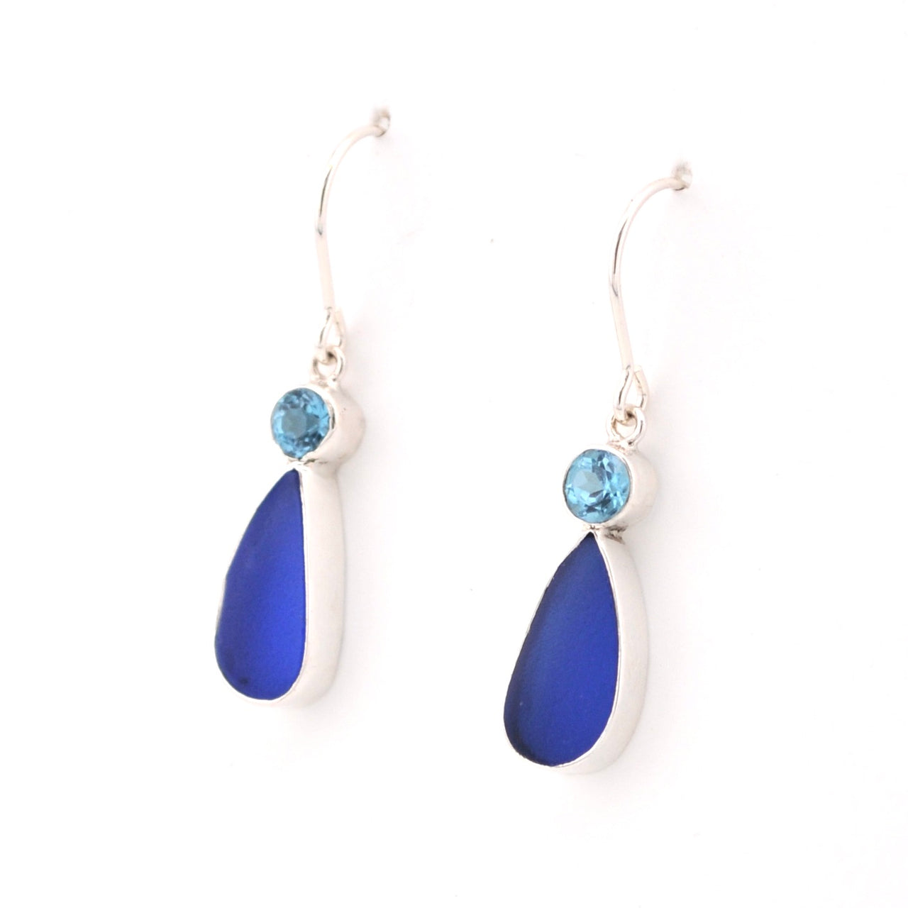 Side View Blue Topaz Cobalt Sea Glass Tear Earrings