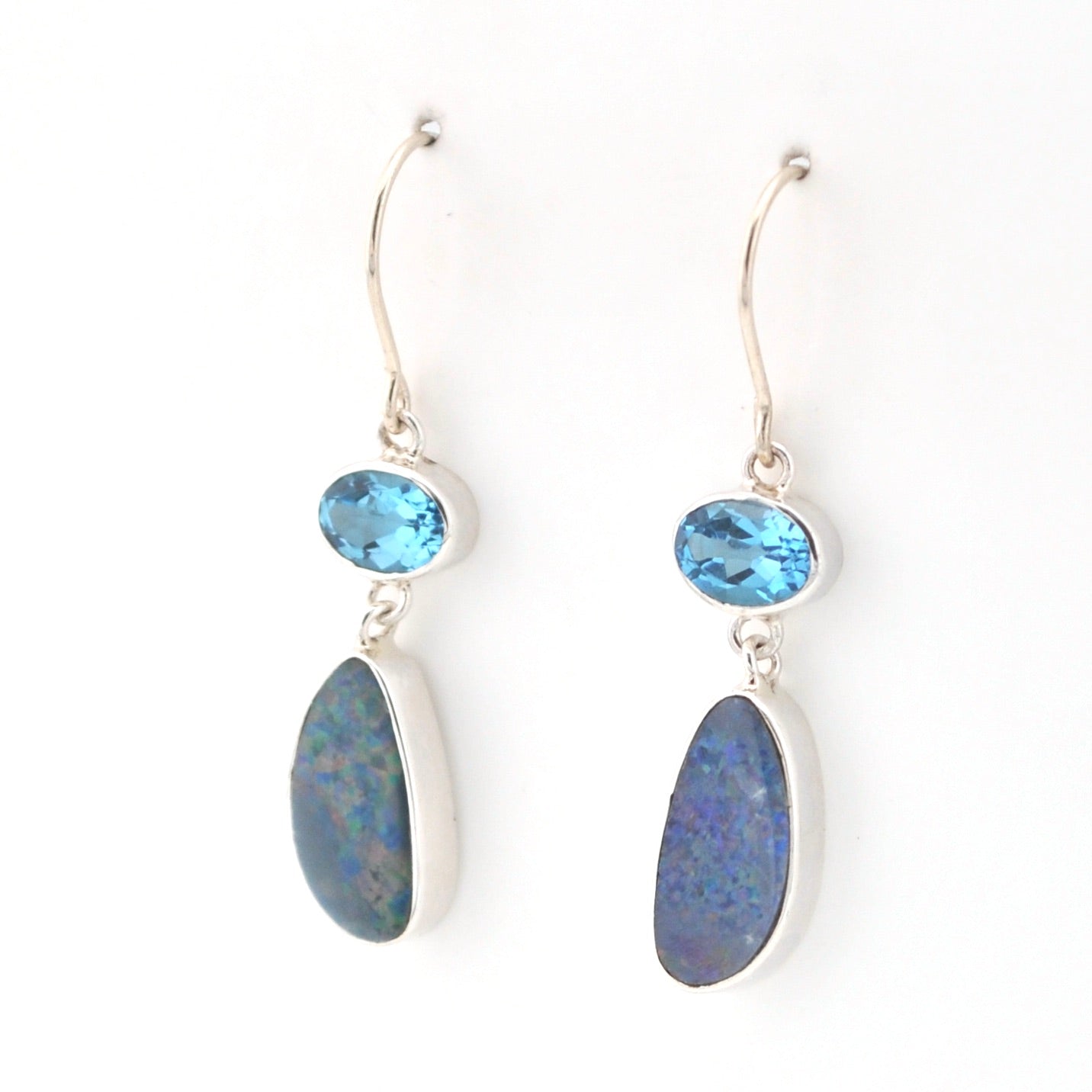 Side View Blue Topaz Opal Dangle Earrings