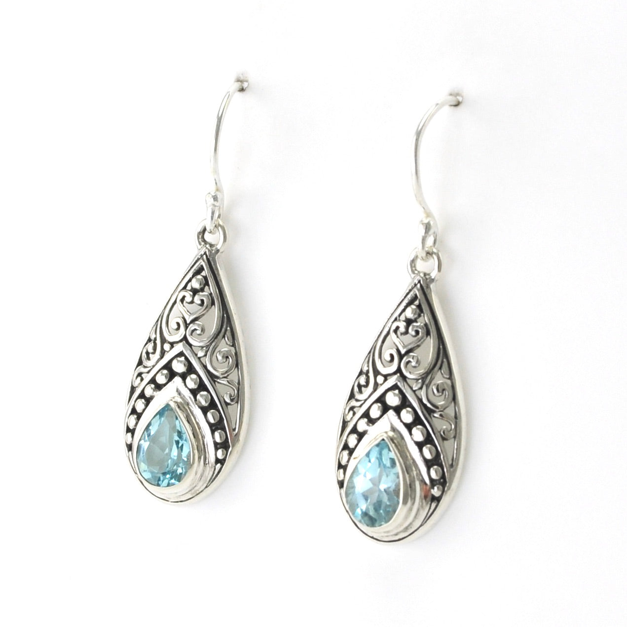 Side View Blue Topaz Tear Bali Dangle Earrings