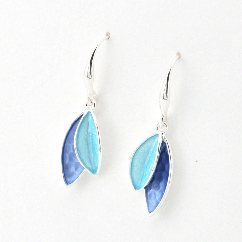Side View Blue Turquoise Two Tone Leaf Earrings