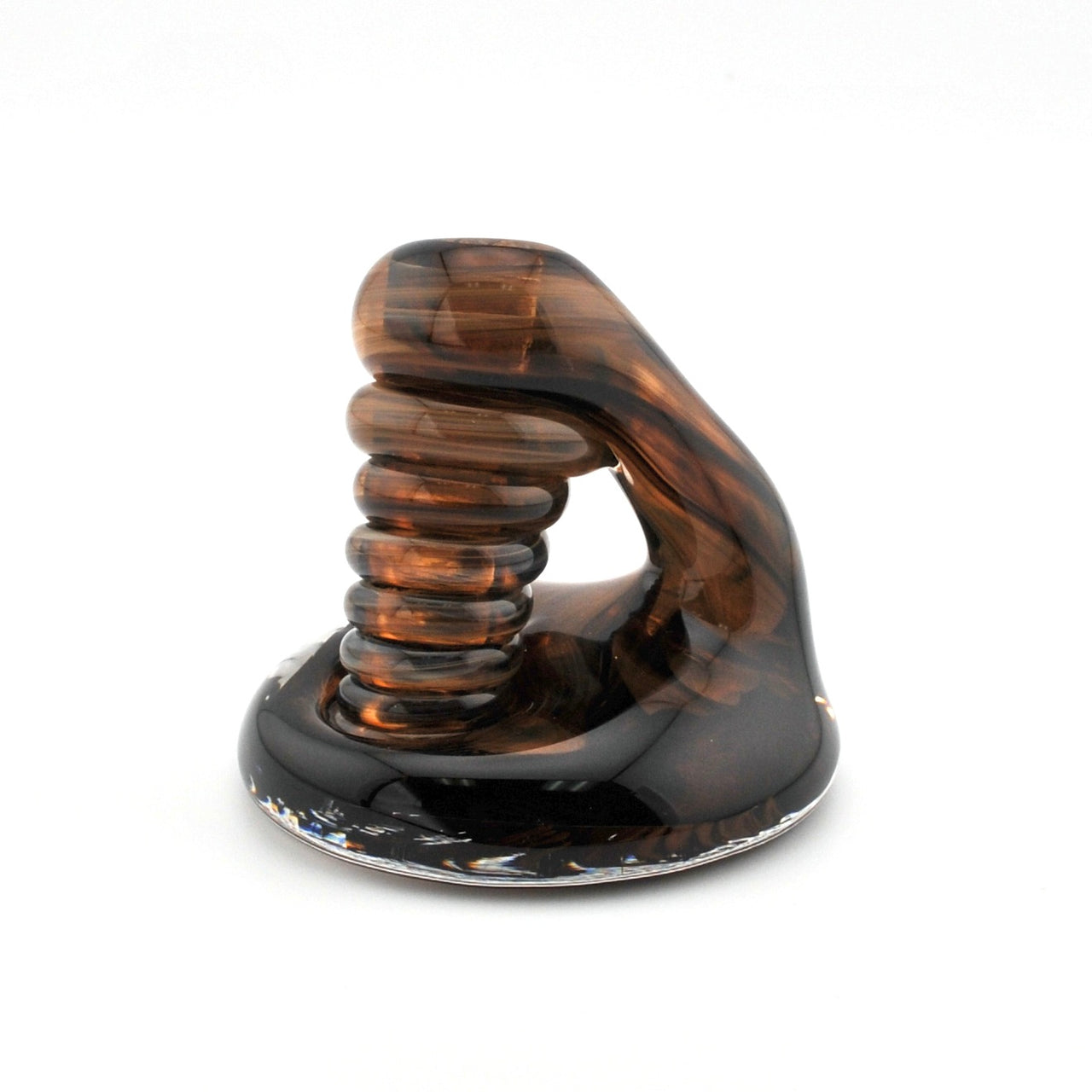 Pen holder with brown and black design on a white background