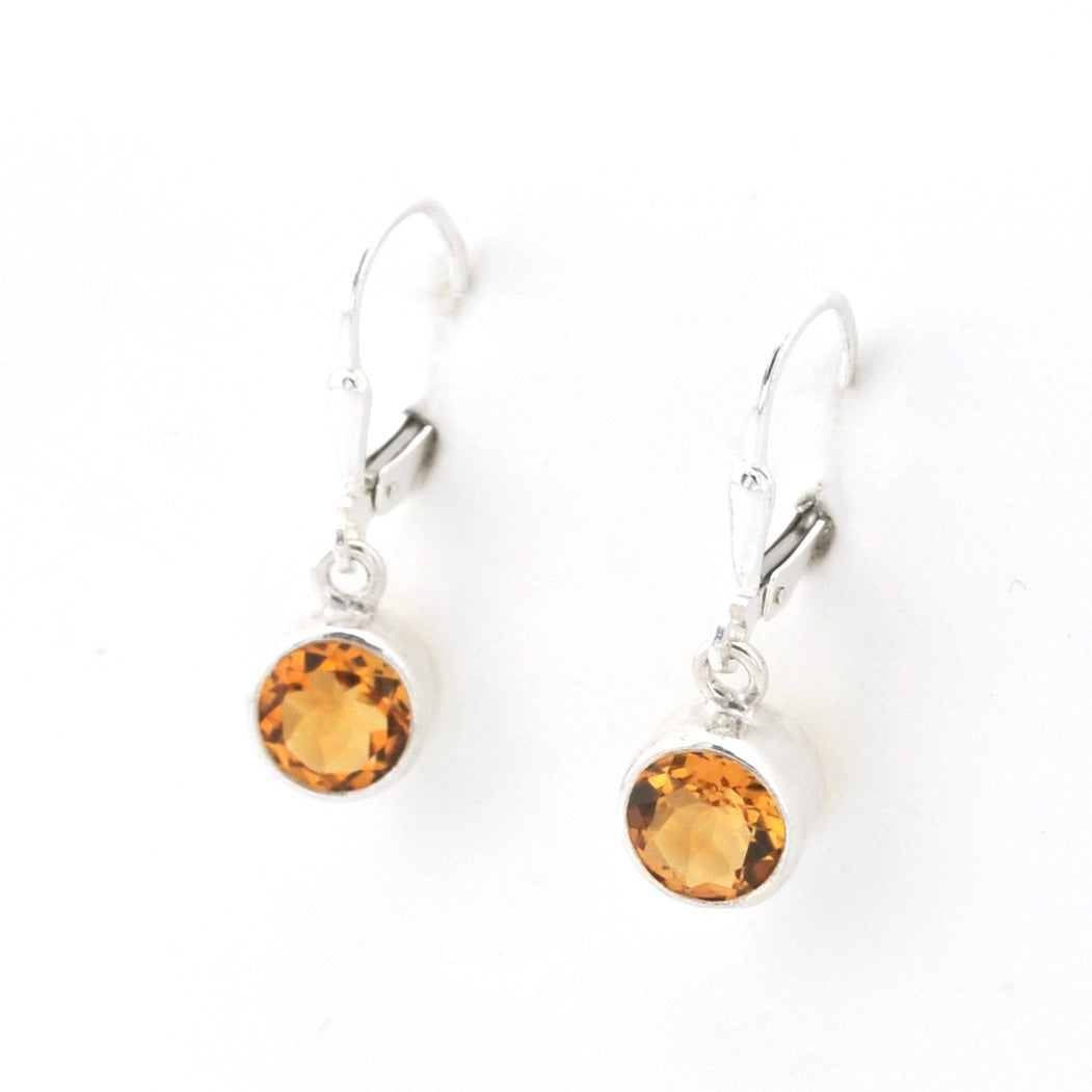 Silver Citrine 7mm Round Dangle Earrings on white background