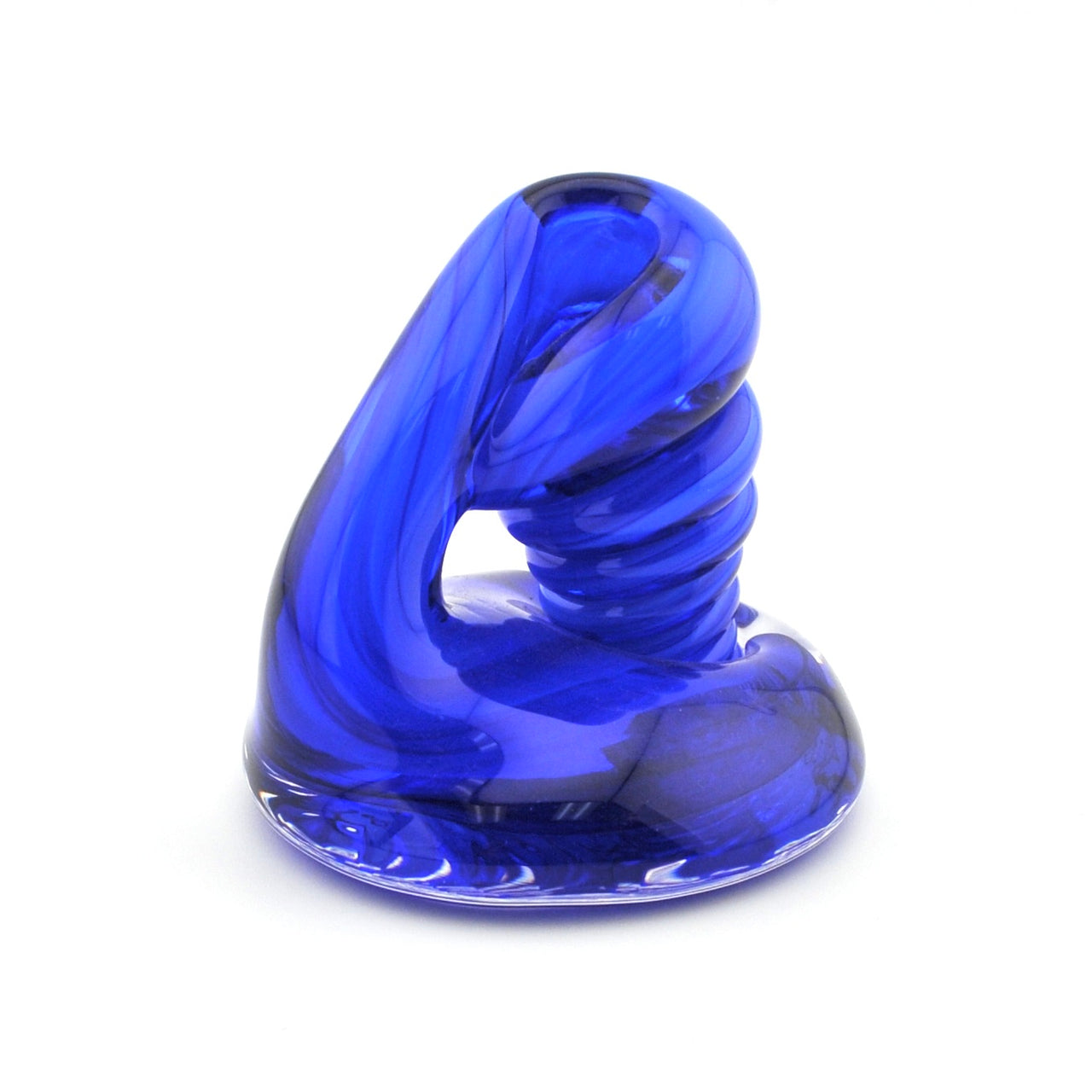 Blue glass sculpture on a white background