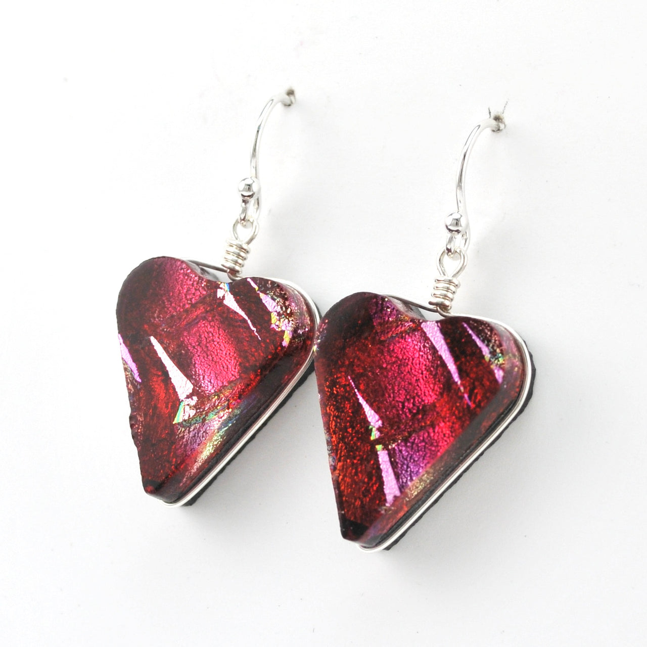 Side View Dichroic Glass Cranberry Red Heart Earrings