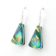 Side View Dichroic Glass Green Rainbow Fan Dangle Earrings