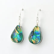 Side View Dichroic Glass Green Rainbow Lotus Dangle Earrings