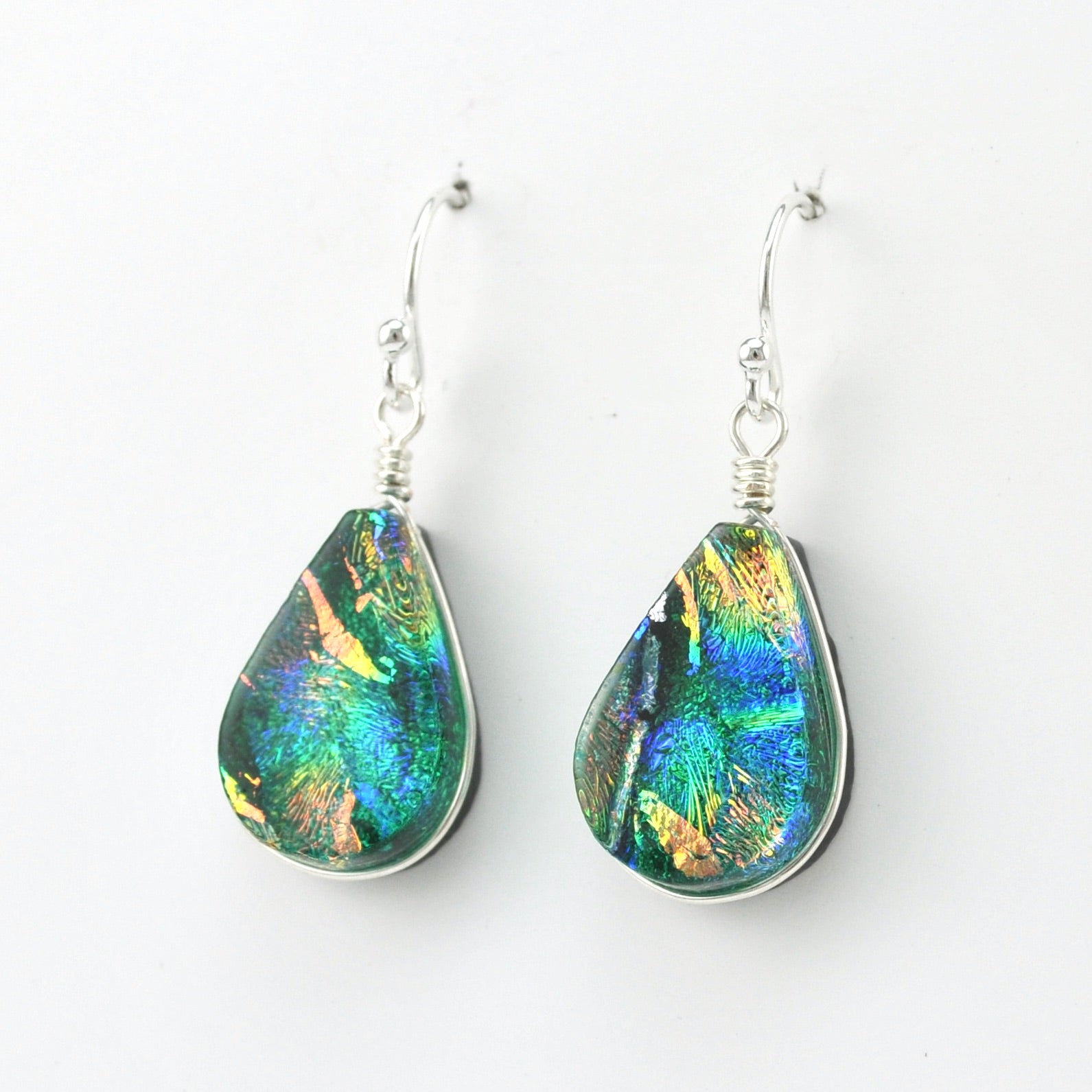 Side View Dichroic Glass Green Rainbow Lotus Dangle Earrings