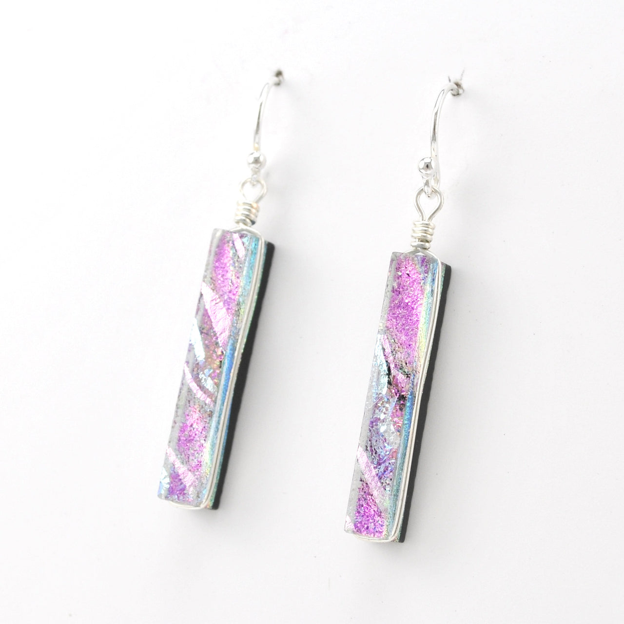 Side View Dichroic Glass Pink Rectangular Earring