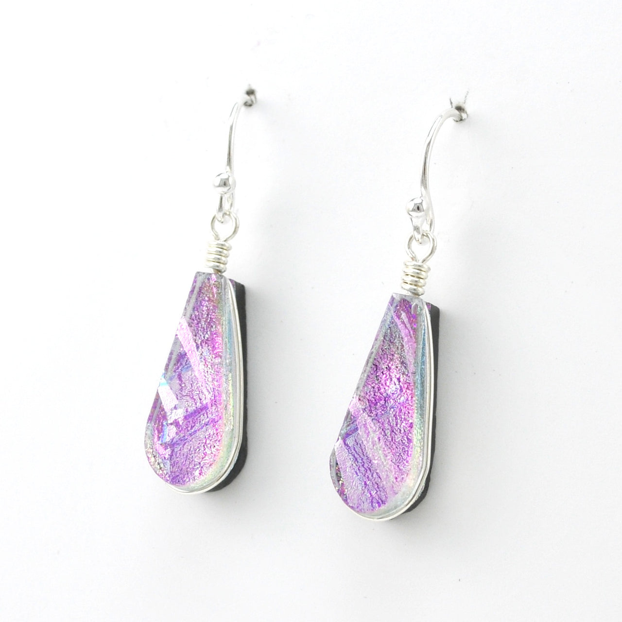 Side View Dichroic Glass Pink Small Teardrop Dangle Earrings