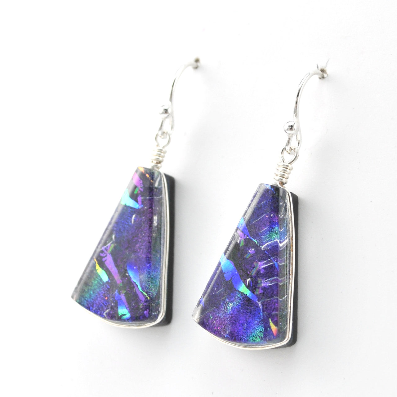 Side View Dichroic Glass Purple Rainbow Fan Dangle Earrings