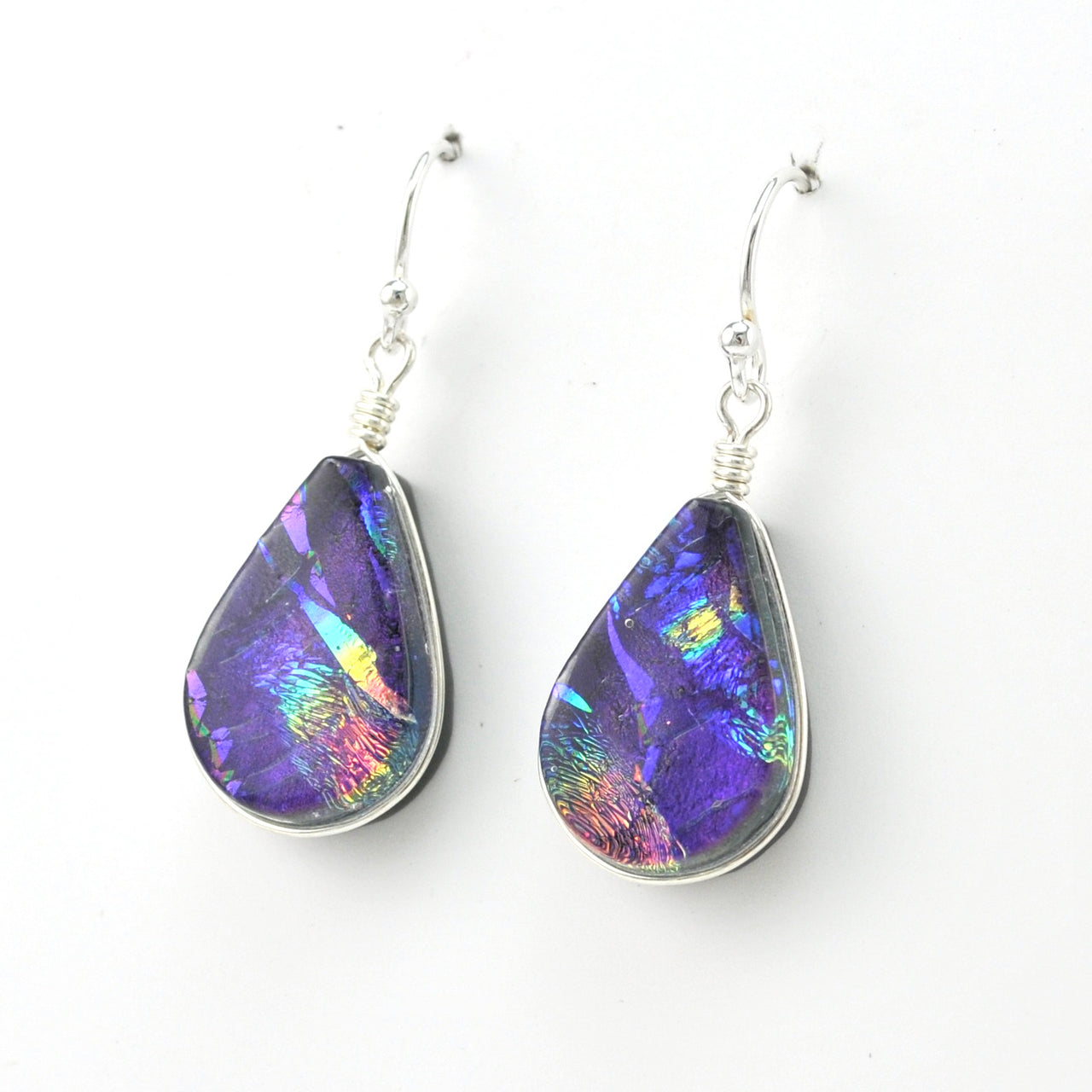 Side View Dichroic Glass Purple Rainbow Lotus Dangle Earrings