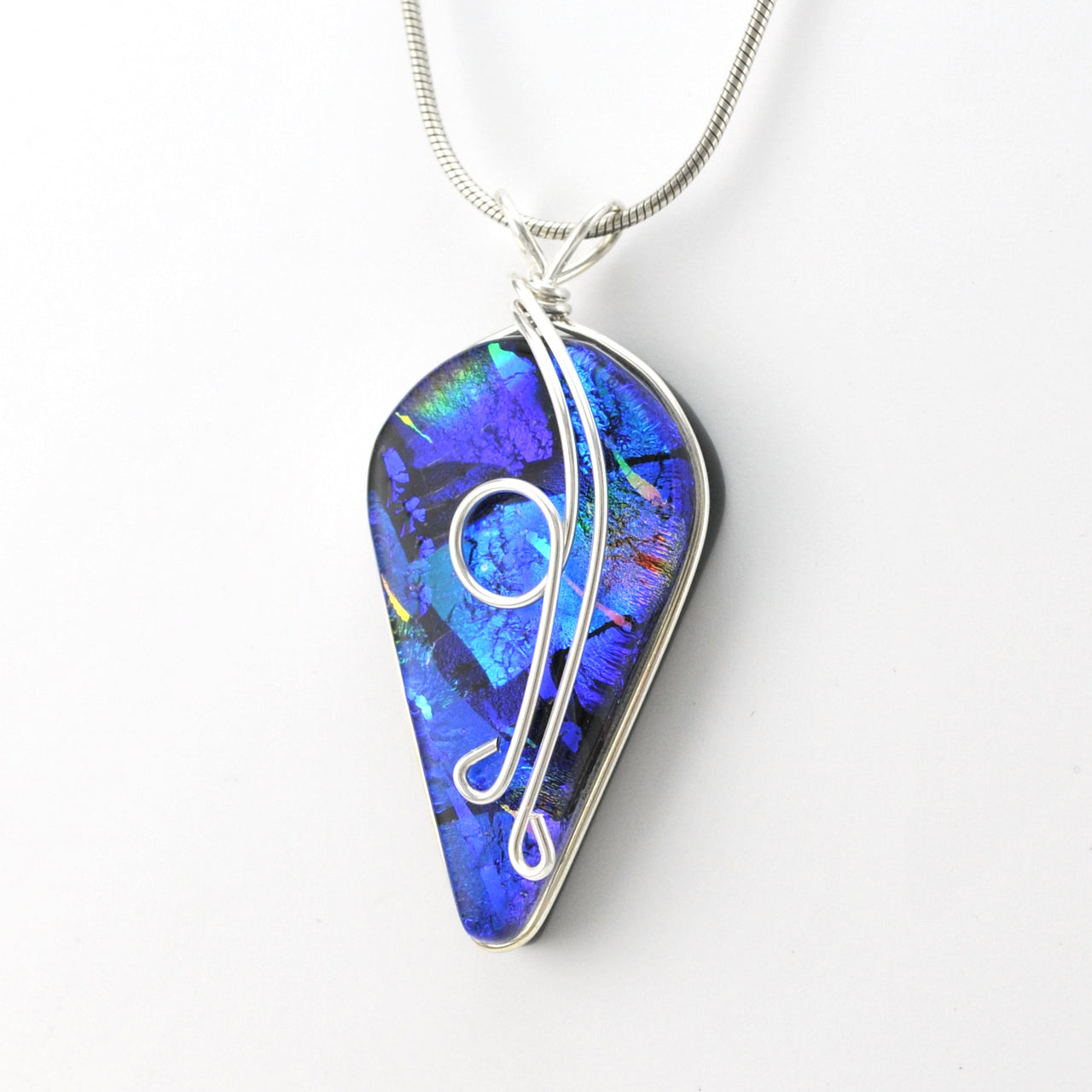 Side View Dichroic Glass Rainbow Blue Wisteria Pendant
